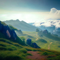 登山道の麓から見上げる雲海と山々の朝日風景の写真