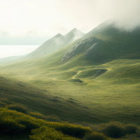 霧に包まれた山麓の草原で朝靄に舞う光と清々しい朝の風景の写真