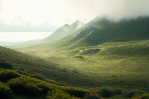 霧に包まれた山麓の草原で朝靄に舞う光と清々しい朝の風景