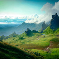 圏谷に抱かれた高原の山々と緑の草原、雲と青空の風景の写真