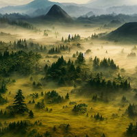 木々を見下ろす朝霧の世界のAI画像