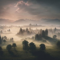 朝靄の中に広がる草原と木々の夜明けの写真