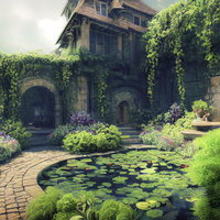 緑が生い茂る西洋建築の中庭、紫の花咲く池とテラスの写真