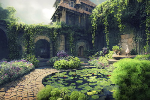 緑が生い茂る西洋建築の中庭、紫の花咲く池とテラス