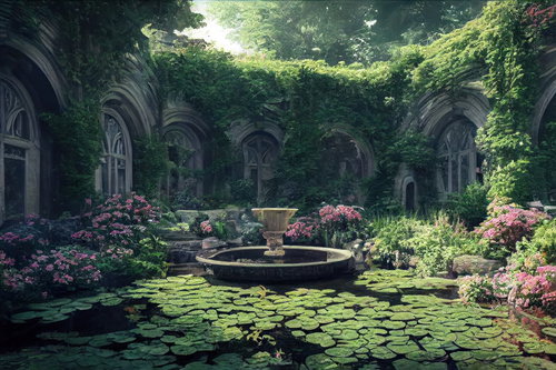 緑に包まれた西洋建築の中庭の噴水と睡蓮の池