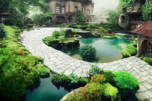 緑苔に包まれた古城の中庭を渡る石畳の通路