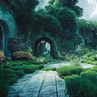 苔むした石造建築に囲まれた緑あふれる中庭の水景の写真