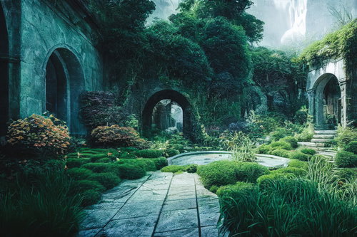 苔むした石造建築に囲まれた緑あふれる中庭の水景