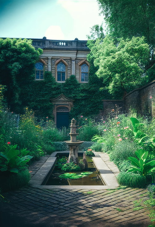 石造りの噴水を囲むガーデニングの中庭テラス