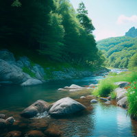 穏やかな夏のせせらぎ渓流 青緑色の清流が流れる岩場の風景の写真