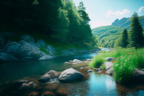 穏やかな夏のせせらぎ渓流 青緑色の清流が流れる岩場の風景