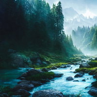 清流が流れる山々の渓谷風景、針葉樹林に囲まれた自然の絶景の写真