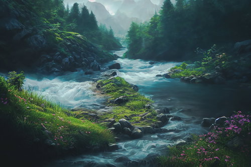 山々に囲まれた清流が流れる川辺の静寂と動きの共演