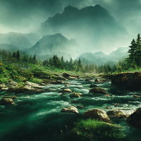 川と共に流れる山麓の清流風景の写真