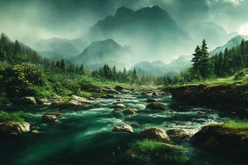 川と共に流れる山麓の清流風景