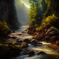 夕暮れ時の渓谷を流れる川の写真