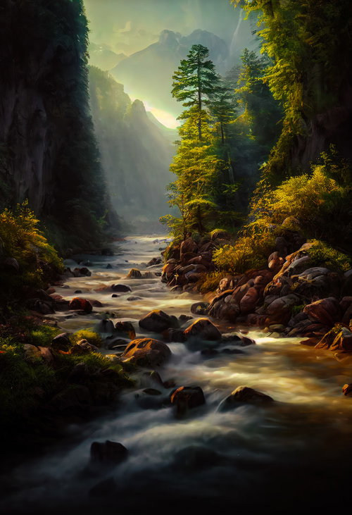 夕暮れ時の渓谷を流れる川