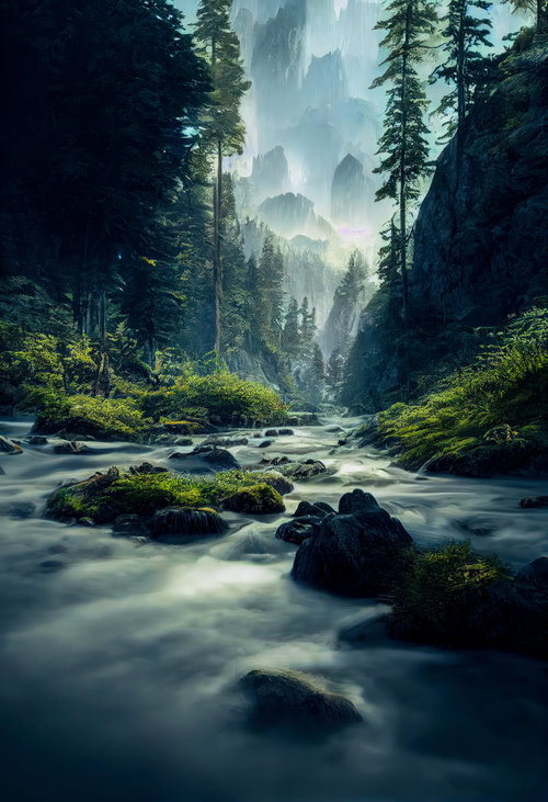 山深い渓谷の流れを見下ろす森林風景と険しい岩壁