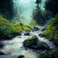 山岳の渓流に咲く野花と流れ、針葉樹に囲まれた春の渓谷風景の写真