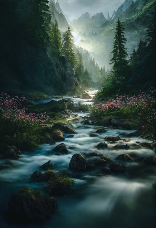 山々から流れ落ちる渓流と花咲く渓谷、苔むした岩と霧の自然風景