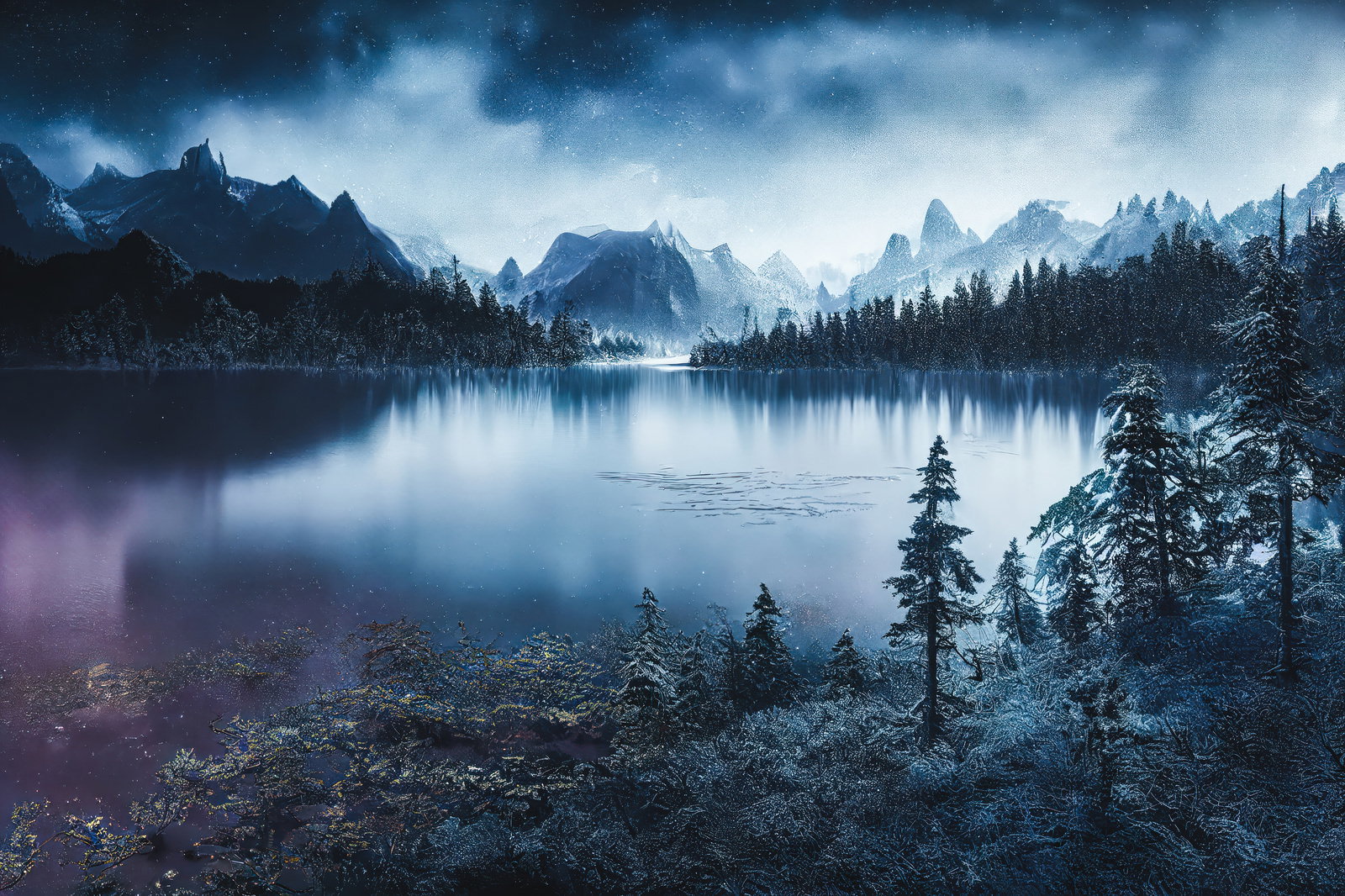 雪化粧した山々と星空が映る凍った湖の夜景