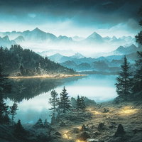 星降る夜の湖と山々に映る星空の風景の写真