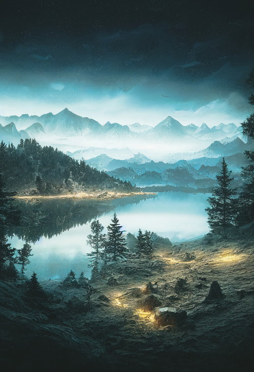 星降る夜の湖と山々に映る星空の風景