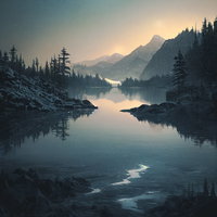 静寂な湖面に映る山々と森の語り部 - 朝焼けと星空の風景の写真