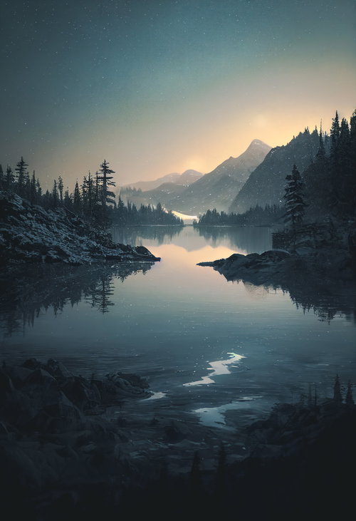 静寂な湖面に映る山々と森の語り部 - 朝焼けと星空の風景