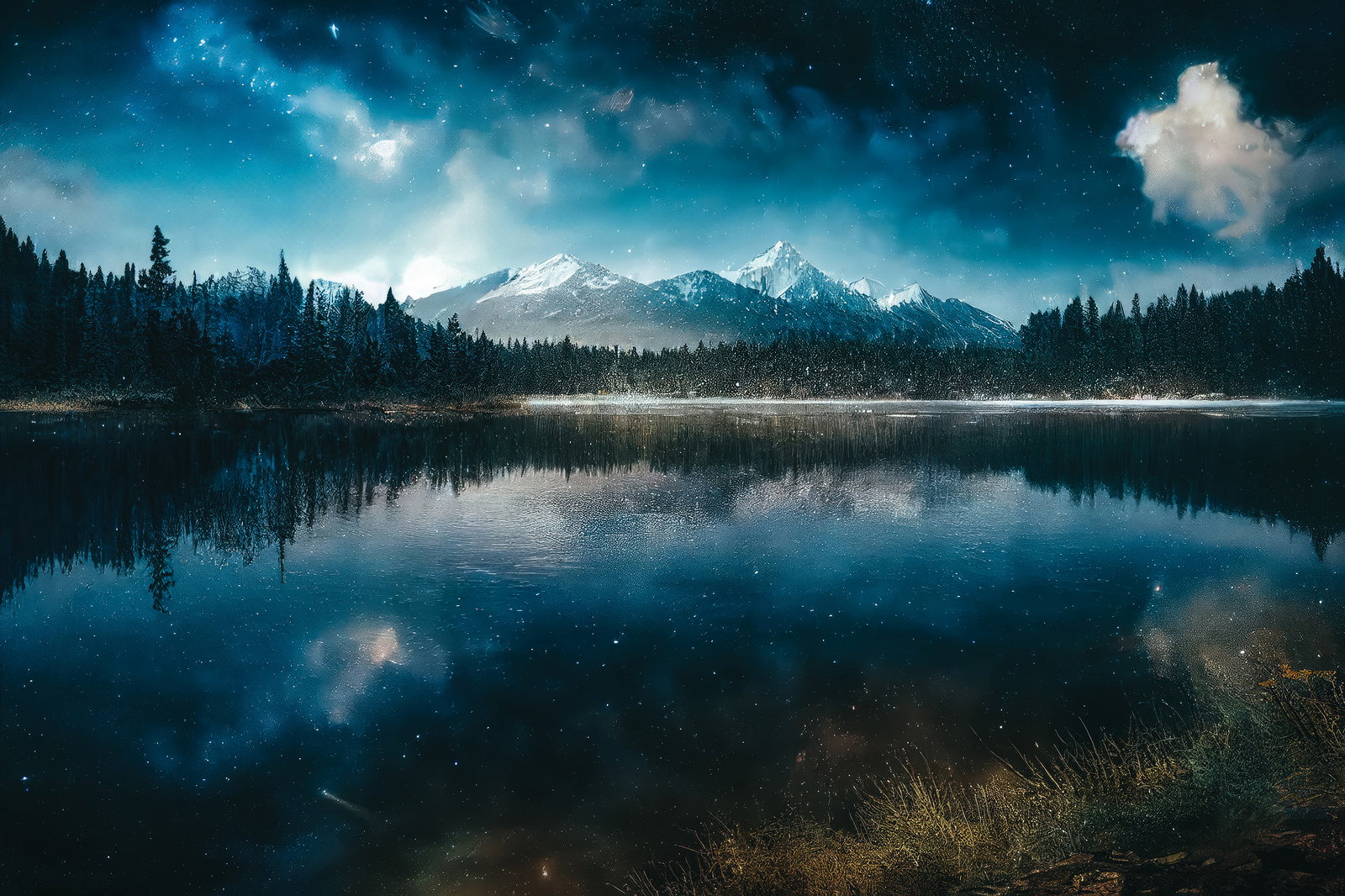 雪山と星空が映り込む湖面の夜景