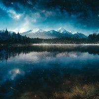 雪山を映す湖面に映る星空と森林の夜景の写真