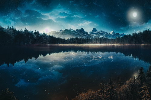 月明りと満天の星空を映す湖面と山々の夜景