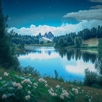 湖面に映る山並みと湖畔の音色～水面の鏡像と白い花が咲く風景の写真