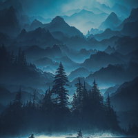 月明りが照らす湖畔の山並み夜景と針葉樹林の写真