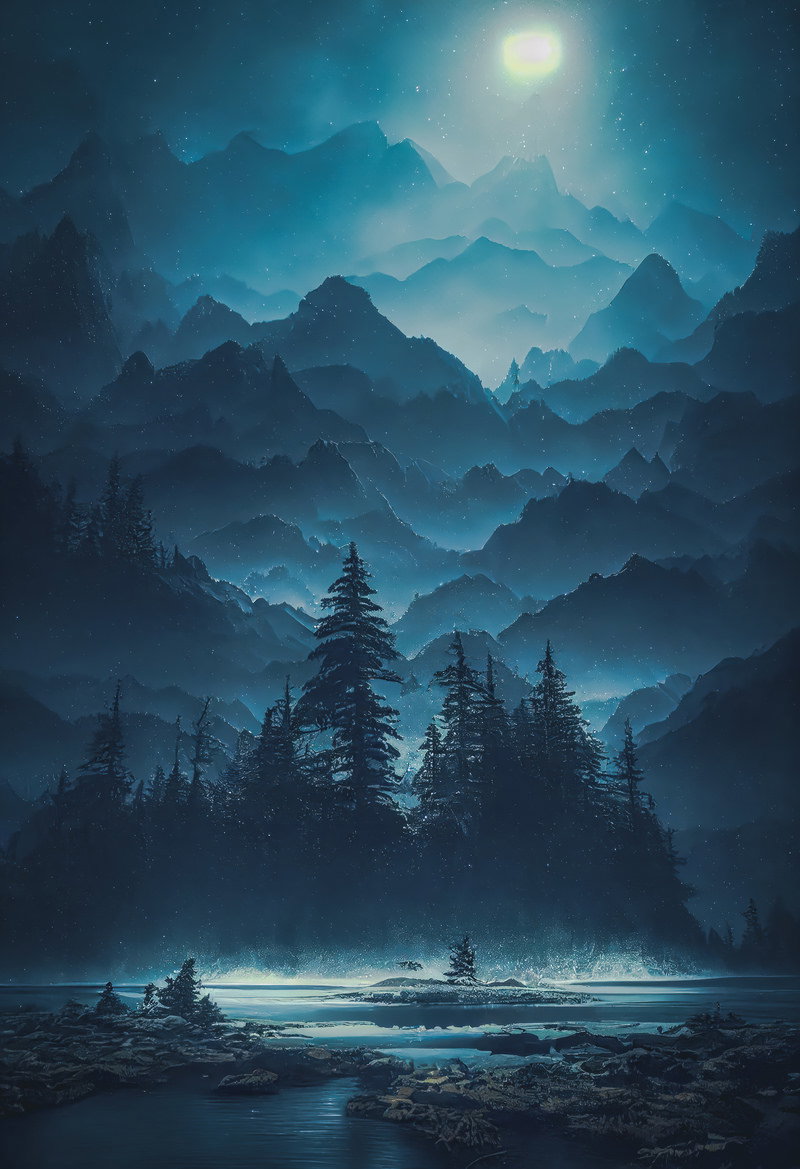 月明りに照らされた湖畔に立つ針葉樹と重なる山々の夜景