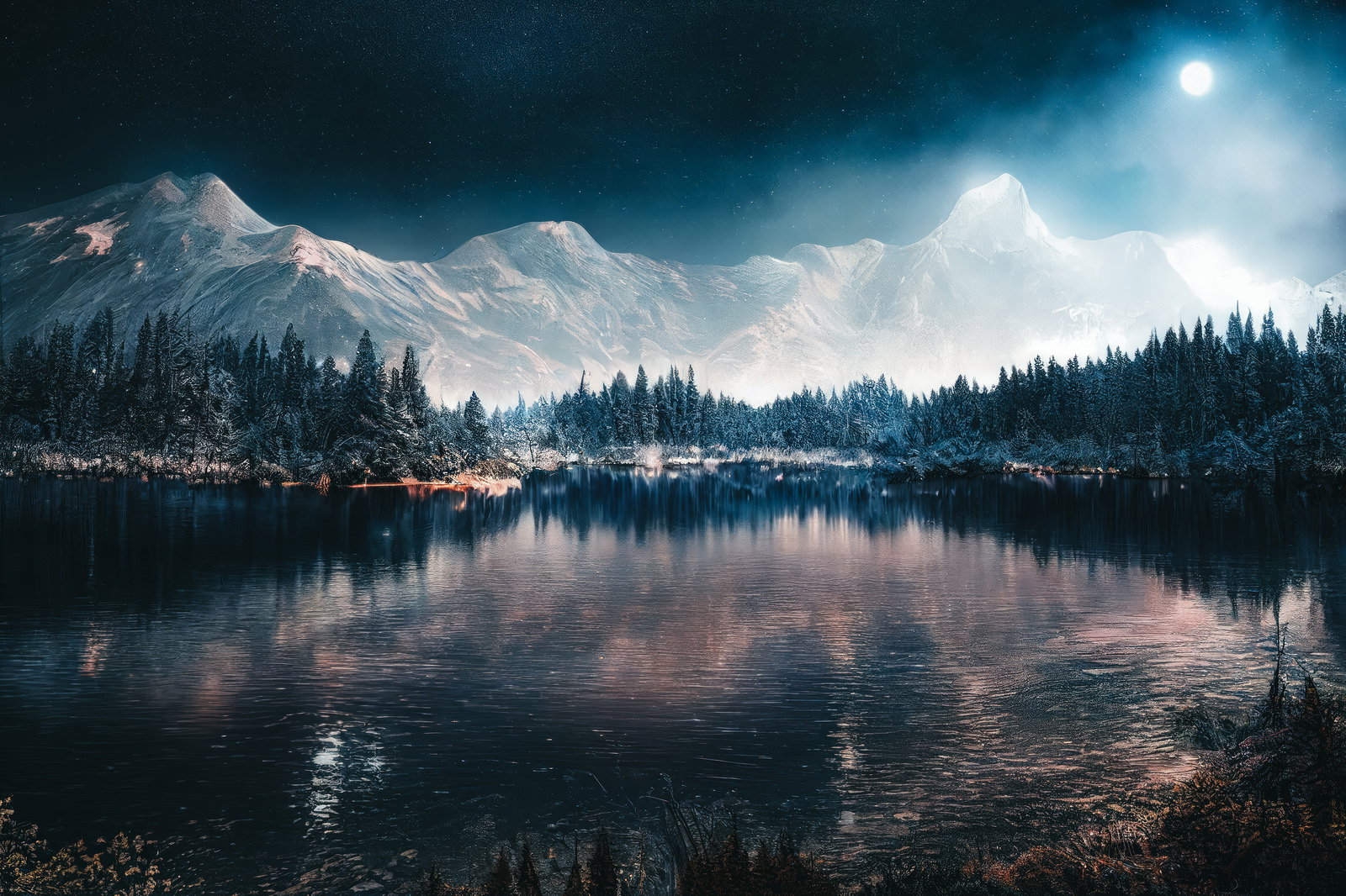 月の光が映る湖面、雪山、針葉樹林が映る夜景