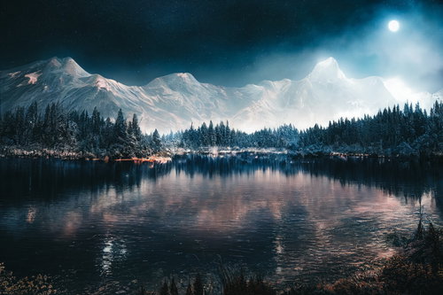 月明りに照らされた湖畔から見る雪山と森林の夜景