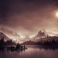 月明りと星空が映る湖畔の風景 満月と雪山の写真