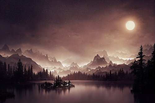 月明りと星空が映る湖畔の風景 満月と雪山