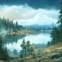 雪山と湖畔の静寂を映す水辺の風景、星空と反射の写真