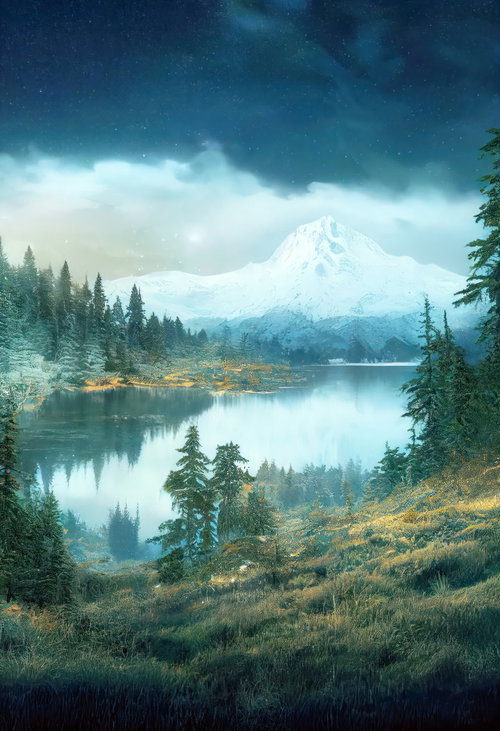 雪山と湖畔の静寂を映す水辺の風景、星空と反射