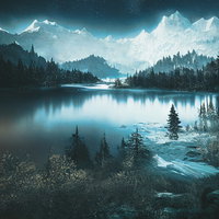 冬の夜の山岳湖と星空の雪景色の写真