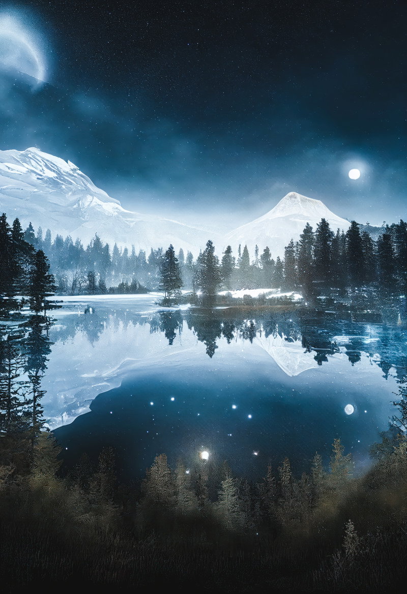 水鏡に映る雪山と星空の冬の夜の湖畔