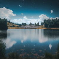 湖面に浮かぶ雲と消えかかる星、森に囲まれた景色の写真