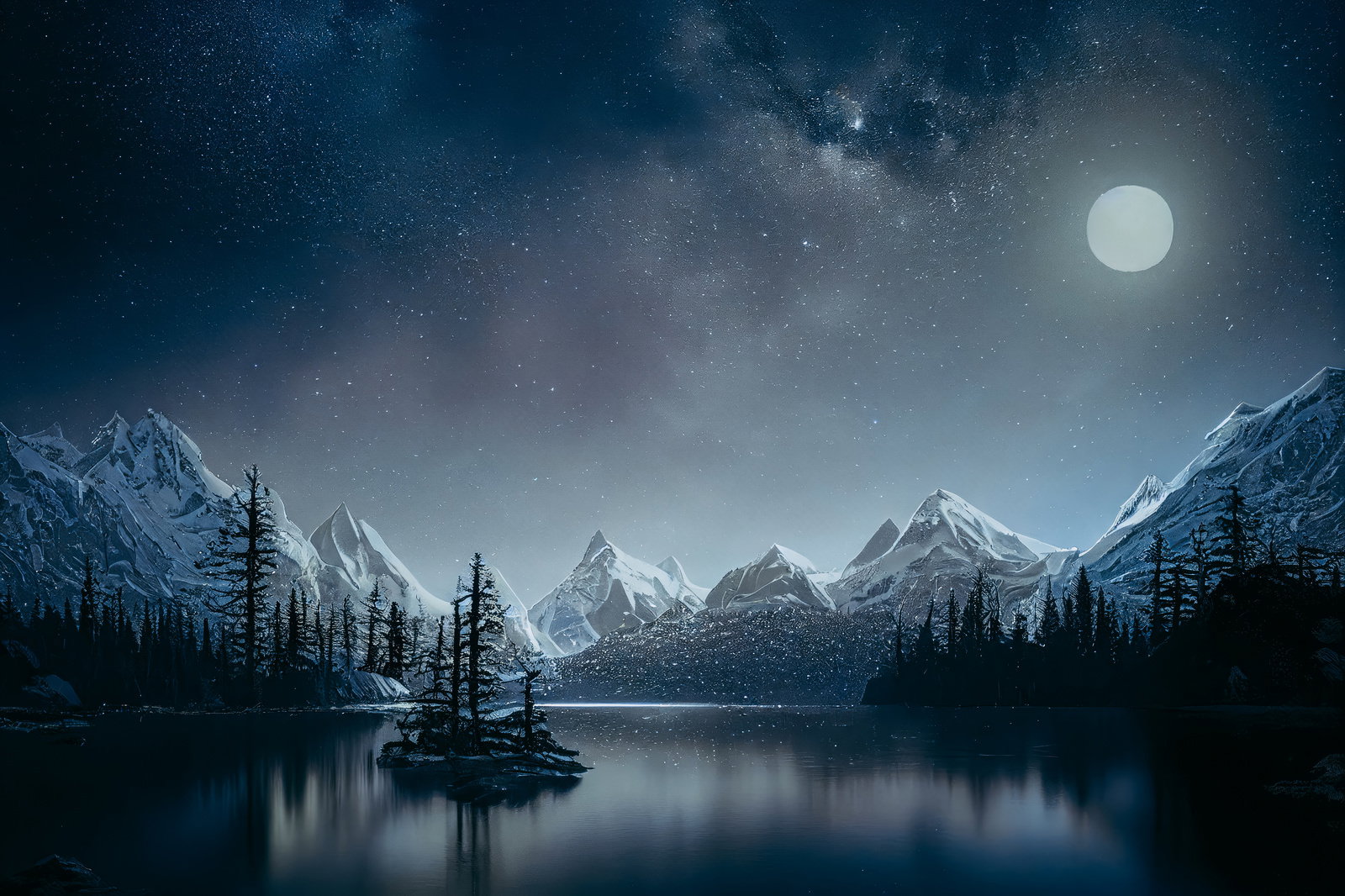 月明りに照らされた雪山と凍った湖の夜景