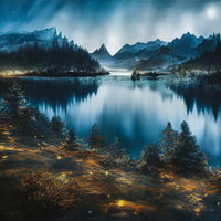 踏み固められた岸辺と静寂の雪景色の湖畔の星空の写真