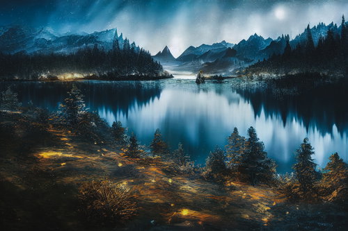 踏み固められた岸辺と静寂の雪景色の湖畔の星空