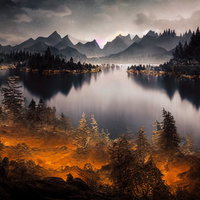 光る森と暮れ始めた湖畔の夜景、星空と月光が映る山々の写真