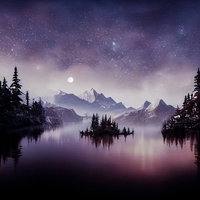 星空きらめく湖と山々のシルエットの写真