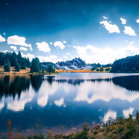 雪山を映す穏やかな青空と風のない湖の朝の風景の写真